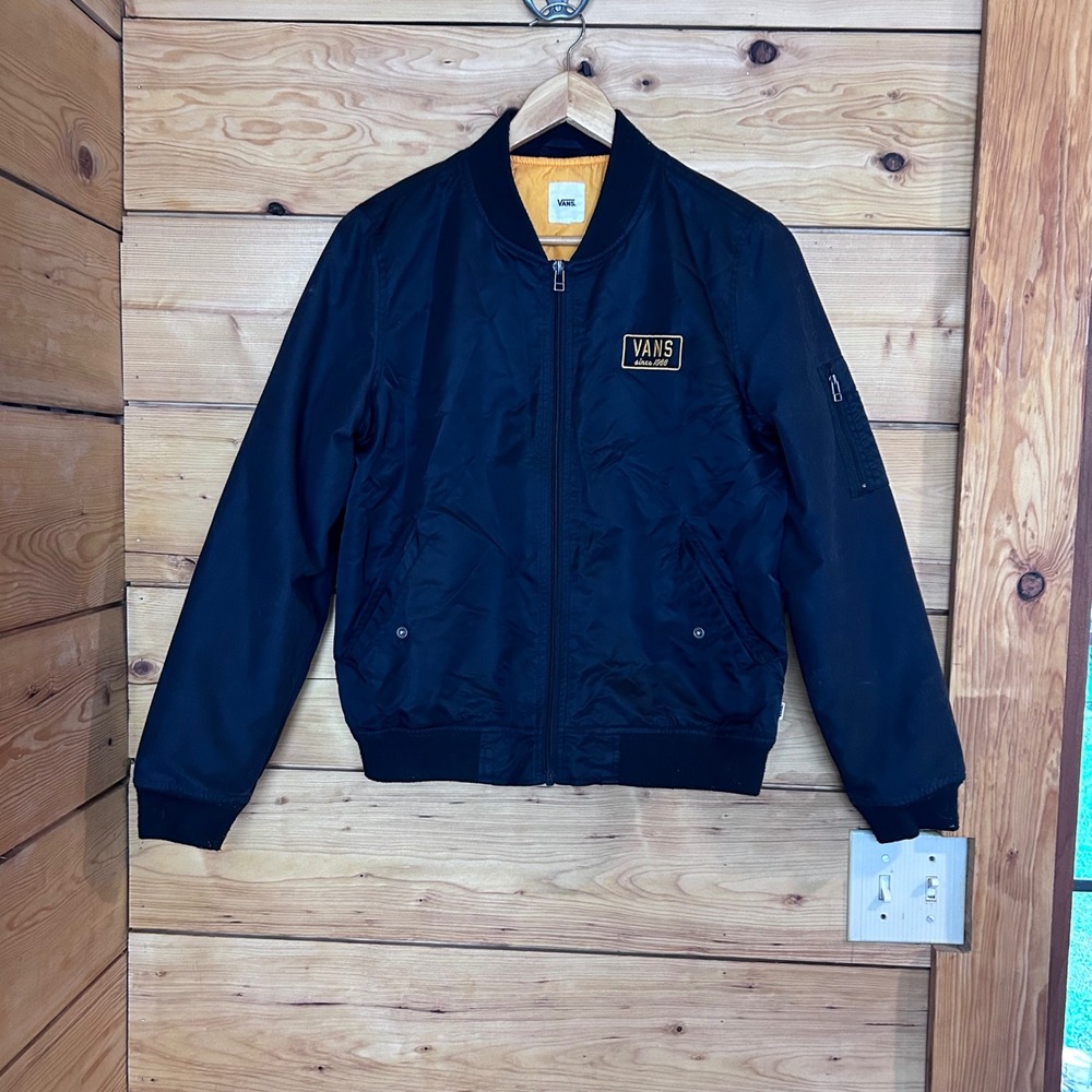 Boom Boom III Bomber Jacket Small Black Gold Satin Nylon Flight MA1 Skate Vans